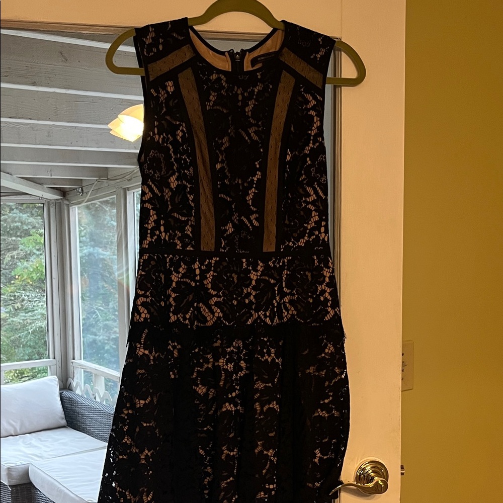 BCBGMaxAzria Black and Tan Lace Midi Dress